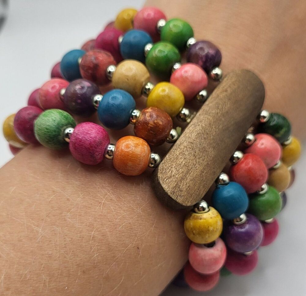 Vintage Multi Strand Colorful Wooden Bead Stretch Bracelet Boho Chunky Statement